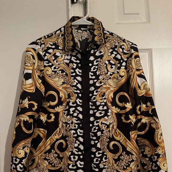 replica versace dress shirts Versace Printed Silk Twill Shirt, Male, Black+print, 48